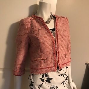 Pink crop tweed blazer with fringe detailing